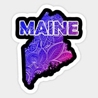 Colorful mandala art map of Maine with text in blue and violet Sticker